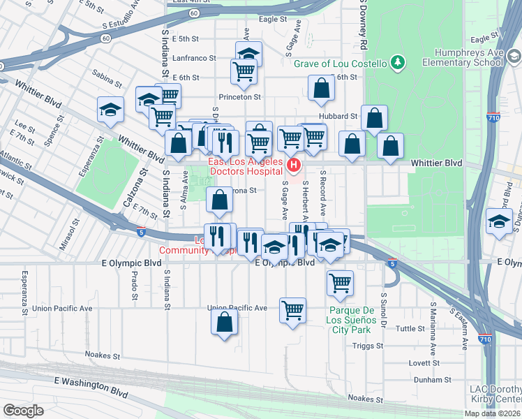 map of restaurants, bars, coffee shops, grocery stores, and more near 1039 South Eastman Avenue in Los Angeles