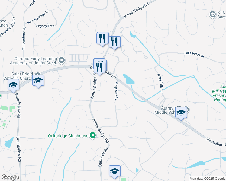 map of restaurants, bars, coffee shops, grocery stores, and more near 9810 Foxworth Drive in Alpharetta