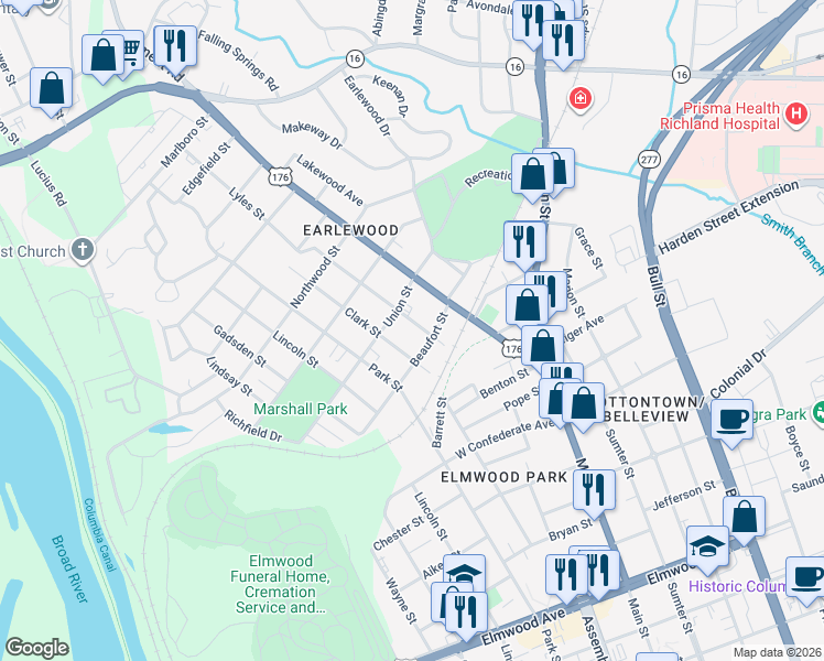 map of restaurants, bars, coffee shops, grocery stores, and more near 2830 Clark Street in Columbia