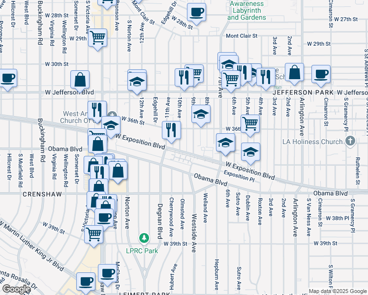 map of restaurants, bars, coffee shops, grocery stores, and more near 3644 10th Avenue in Los Angeles