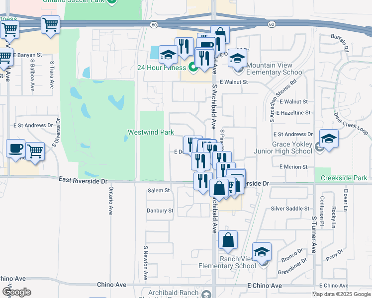 map of restaurants, bars, coffee shops, grocery stores, and more near 2845 South Sea Island Trail in Ontario