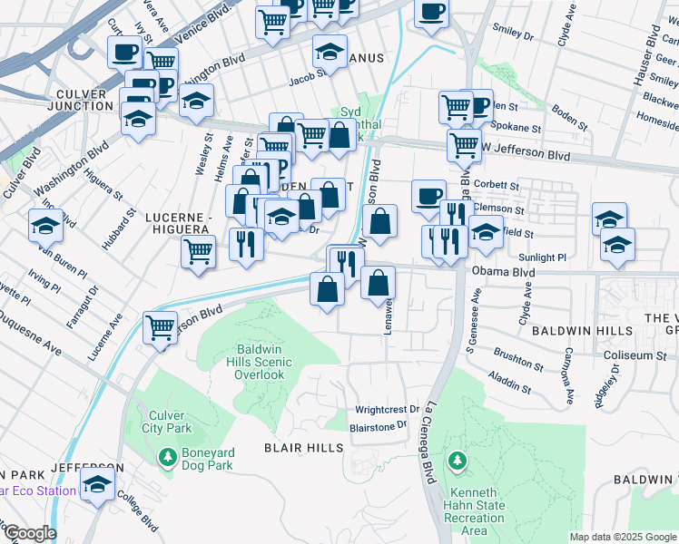 map of restaurants, bars, coffee shops, grocery stores, and more near 6001 Jefferson Boulevard in Culver City
