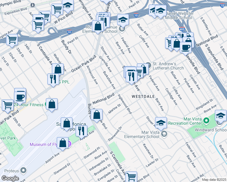 map of restaurants, bars, coffee shops, grocery stores, and more near 12007 National Boulevard in Los Angeles