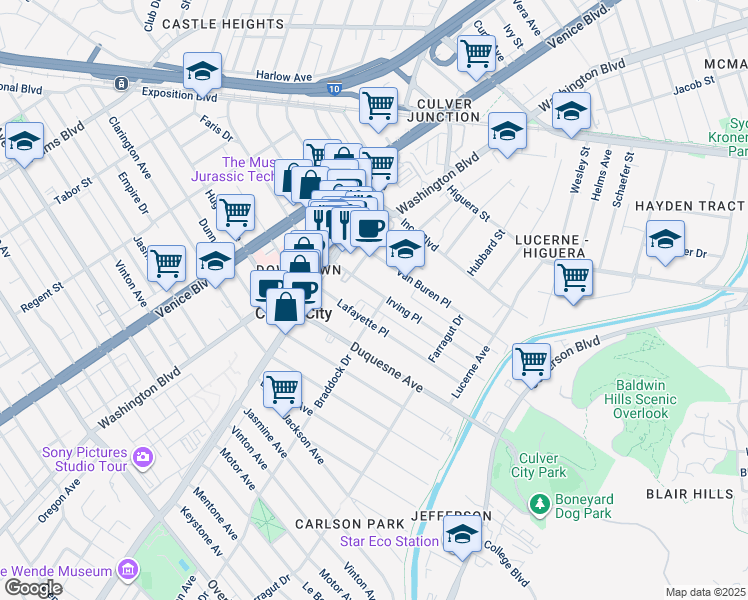 map of restaurants, bars, coffee shops, grocery stores, and more near 4071 Irving Place in Culver City
