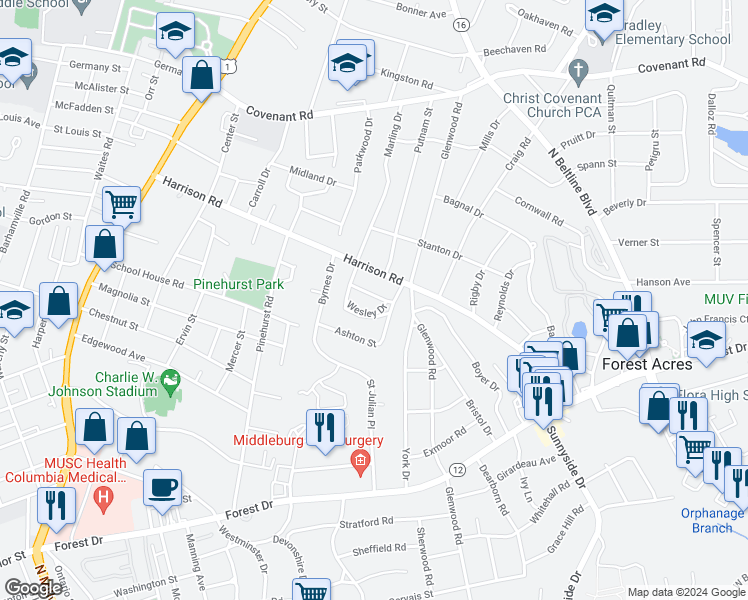 map of restaurants, bars, coffee shops, grocery stores, and more near 2827 Keats Street in Columbia