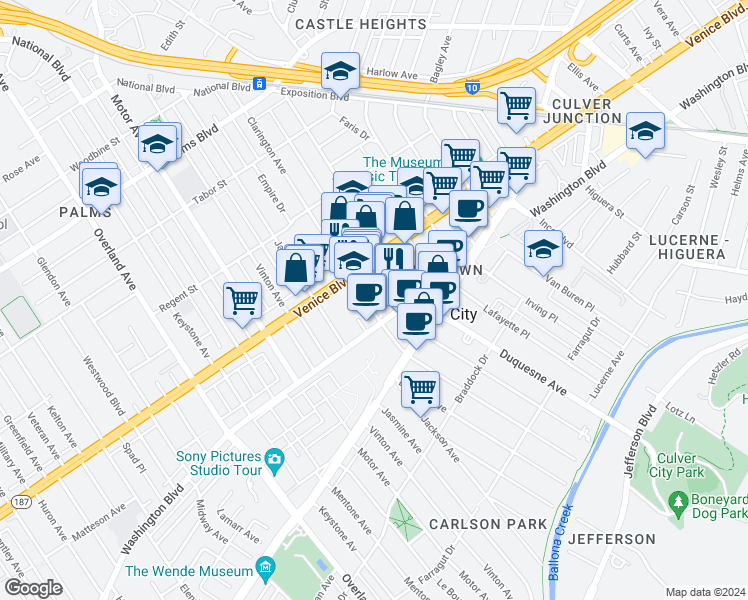 map of restaurants, bars, coffee shops, grocery stores, and more near 3842 Clarington Avenue in Culver City