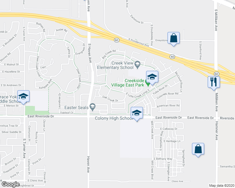map of restaurants, bars, coffee shops, grocery stores, and more near 3664 Lytle Creek Loop in Ontario