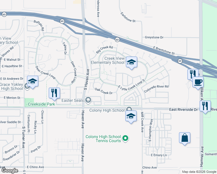map of restaurants, bars, coffee shops, grocery stores, and more near 3664 Lytle Creek Loop in Ontario