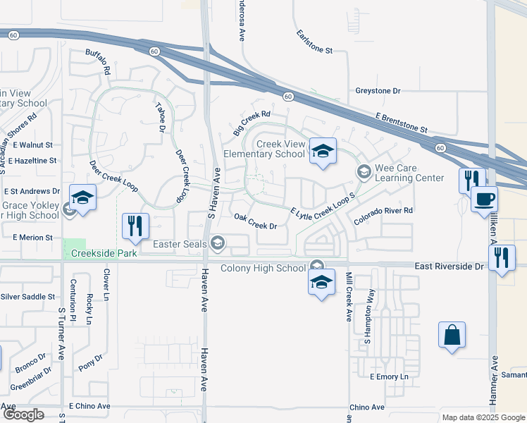 map of restaurants, bars, coffee shops, grocery stores, and more near 2825 South Tuolumne Place in Ontario