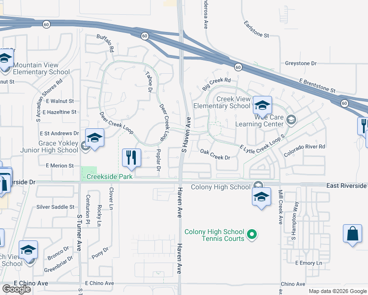 map of restaurants, bars, coffee shops, grocery stores, and more near 3414 Cedarglen Road in Ontario