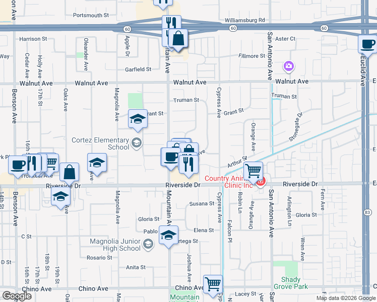 map of restaurants, bars, coffee shops, grocery stores, and more near 12773 Jalepeno Place in Chino