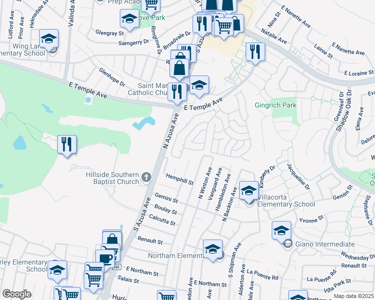 map of restaurants, bars, coffee shops, grocery stores, and more near 127 Calle Monte Verde in La Puente