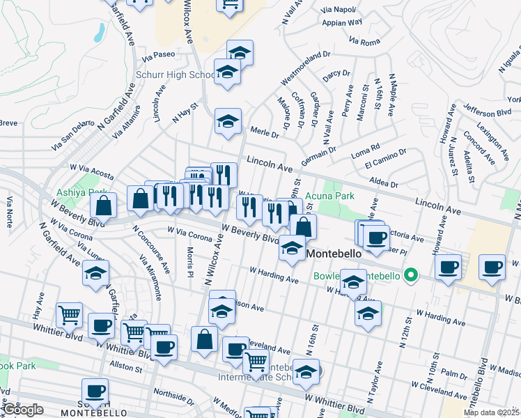 map of restaurants, bars, coffee shops, grocery stores, and more near 524 North 21st Street in Montebello