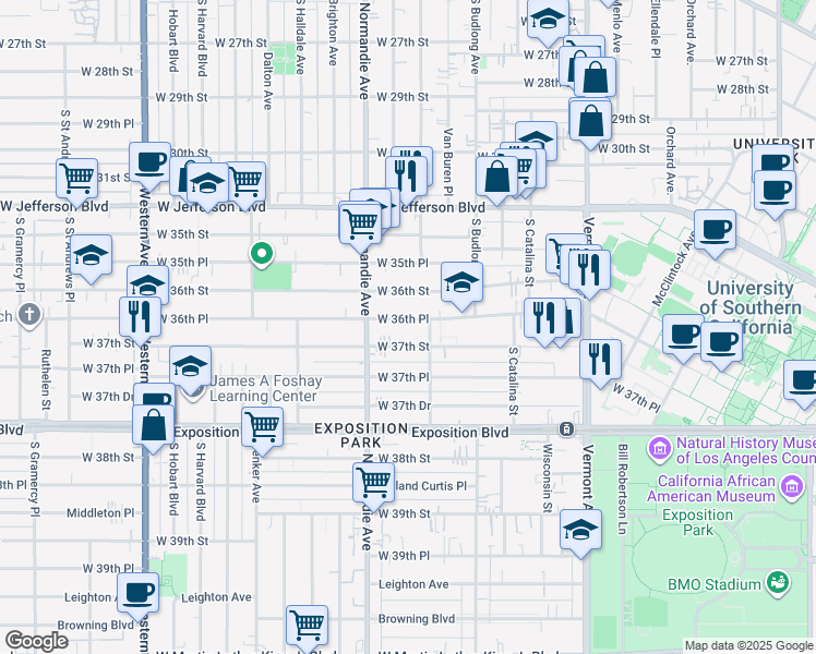 map of restaurants, bars, coffee shops, grocery stores, and more near 1350 West 36th Place in Los Angeles
