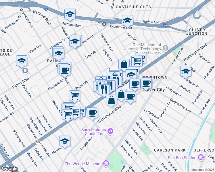 map of restaurants, bars, coffee shops, grocery stores, and more near 3760 Motor Avenue in Los Angeles