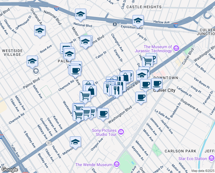 map of restaurants, bars, coffee shops, grocery stores, and more near 3737 Motor Avenue in Los Angeles