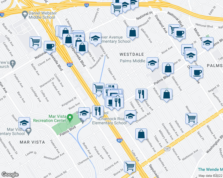 map of restaurants, bars, coffee shops, grocery stores, and more near 3415 South Bentley Avenue in Los Angeles