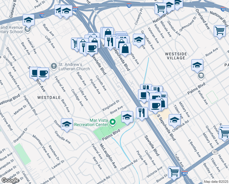 map of restaurants, bars, coffee shops, grocery stores, and more near 3261 Sawtelle Boulevard in Los Angeles