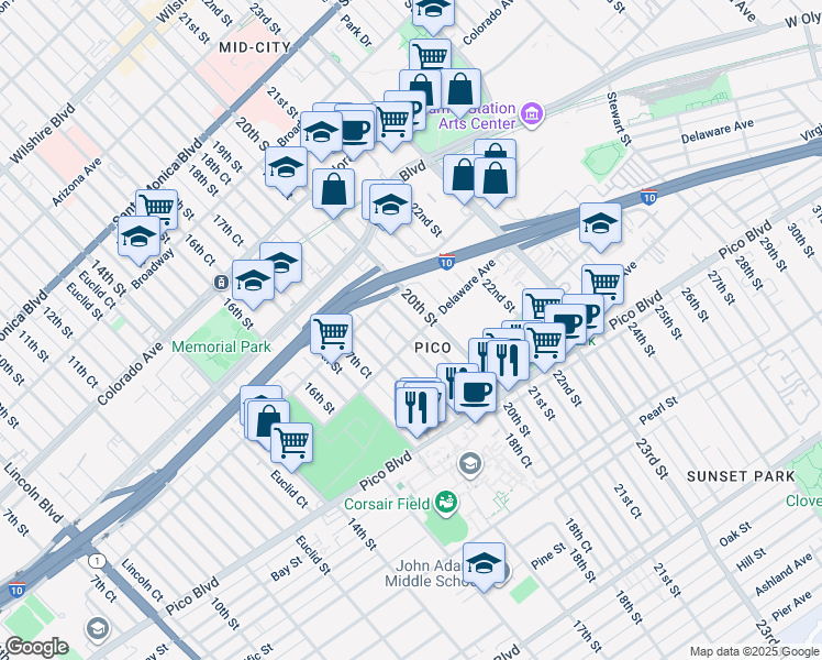 map of restaurants, bars, coffee shops, grocery stores, and more near 1843 19th Street in Santa Monica