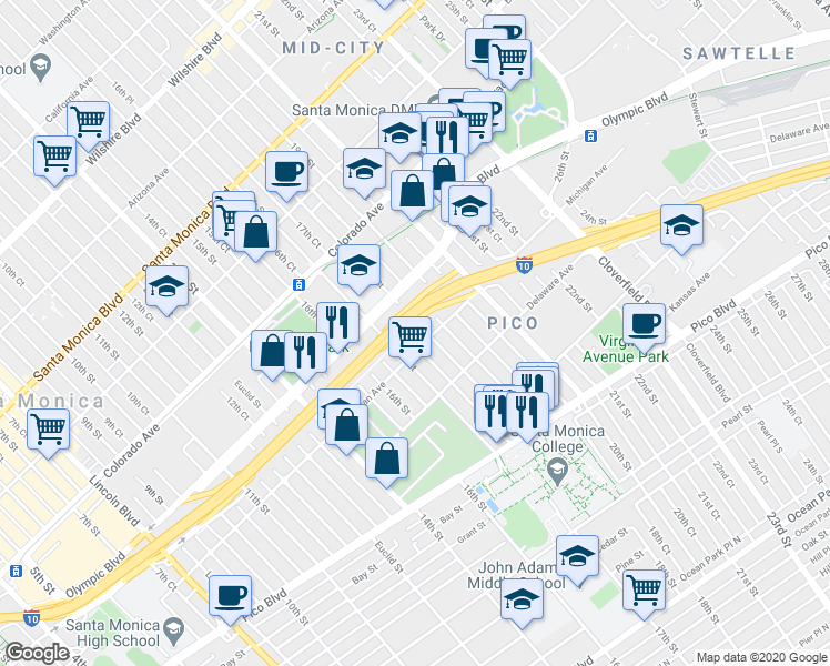 map of restaurants, bars, coffee shops, grocery stores, and more near 1748 18th Street in Santa Monica