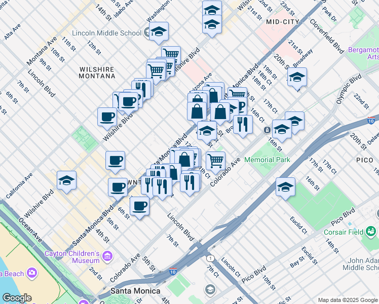 map of restaurants, bars, coffee shops, grocery stores, and more near 1448 12th Street in Santa Monica