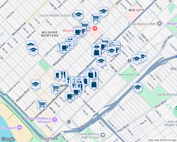 map of restaurants, bars, coffee shops, grocery stores, and more near 1417 11th Street in Santa Monica