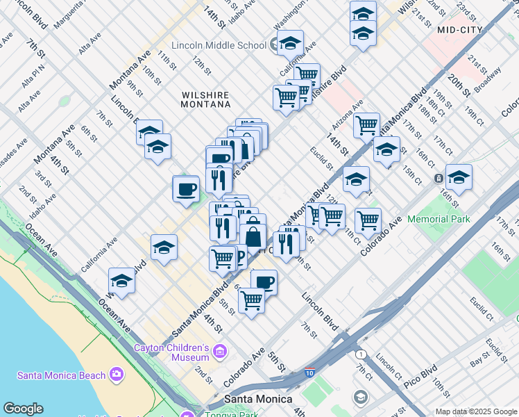 map of restaurants, bars, coffee shops, grocery stores, and more near 1321 9th Court in Santa Monica