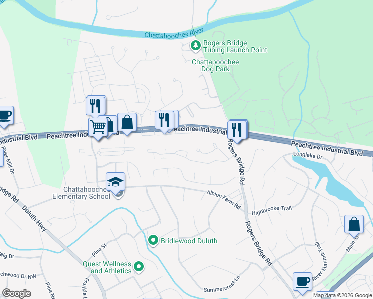 map of restaurants, bars, coffee shops, grocery stores, and more near 4055 Olde Towne Way in Duluth