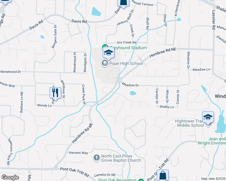 map of restaurants, bars, coffee shops, grocery stores, and more near 2970 Hembree Road Northeast in Marietta