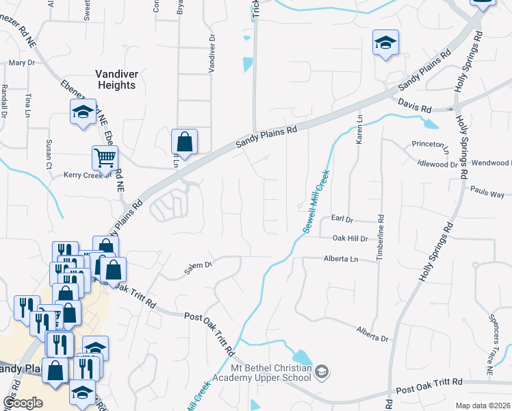 map of restaurants, bars, coffee shops, grocery stores, and more near 2539 Danielle Court in Marietta