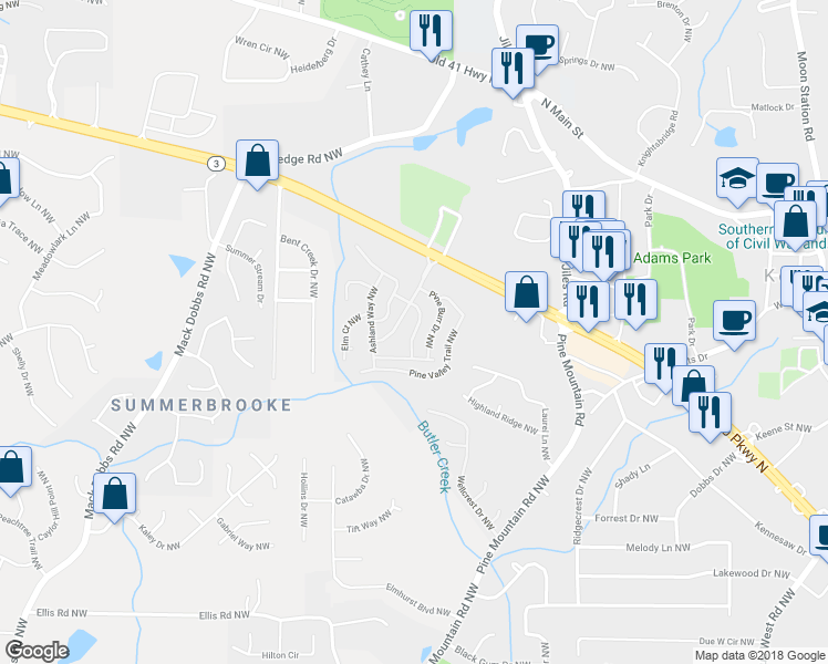 map of restaurants, bars, coffee shops, grocery stores, and more near 99 Pine Club Drive Northwest in Kennesaw