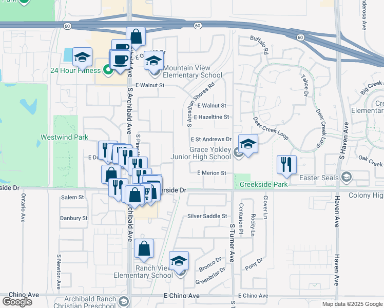 map of restaurants, bars, coffee shops, grocery stores, and more near 2912 East Cog Hill Court in Ontario