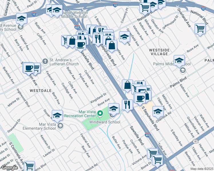 map of restaurants, bars, coffee shops, grocery stores, and more near 3300 Sawtelle Boulevard in Los Angeles