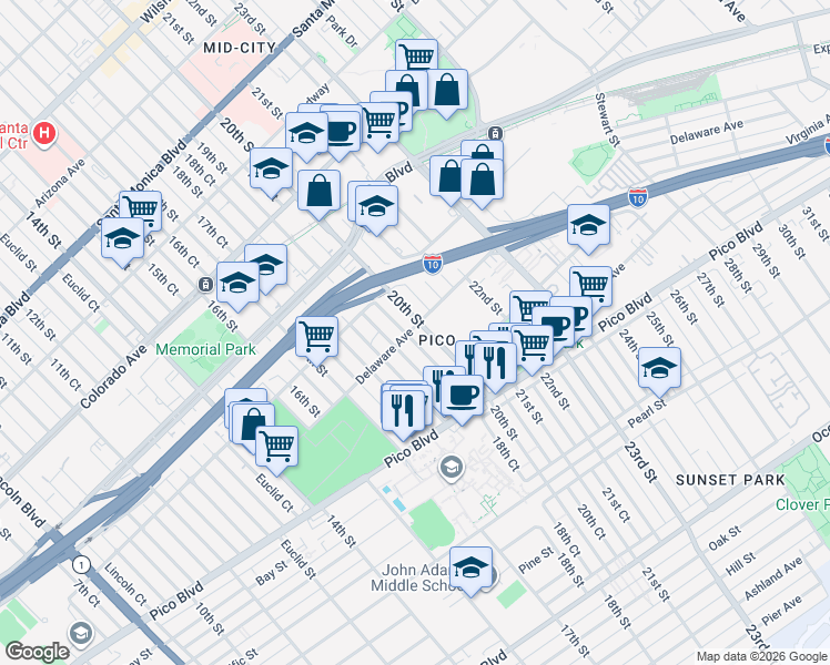 map of restaurants, bars, coffee shops, grocery stores, and more near in Santa Monica