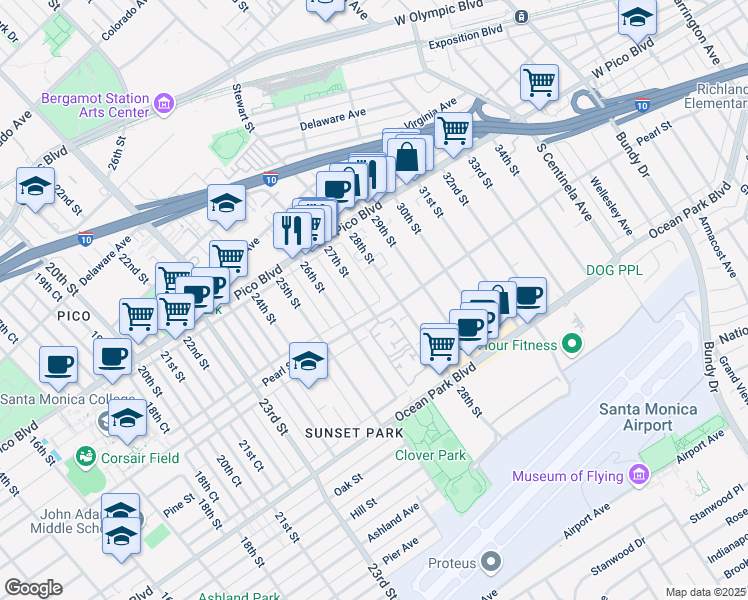map of restaurants, bars, coffee shops, grocery stores, and more near 2345 27th Street in Santa Monica