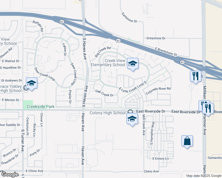map of restaurants, bars, coffee shops, grocery stores, and more near 3719 Oak Creek Drive in Ontario