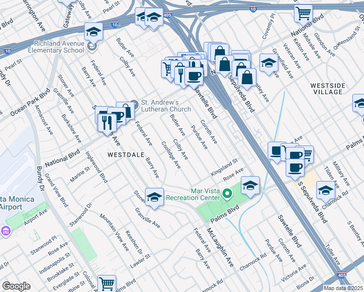 map of restaurants, bars, coffee shops, grocery stores, and more near 3206 Colby Avenue in Los Angeles