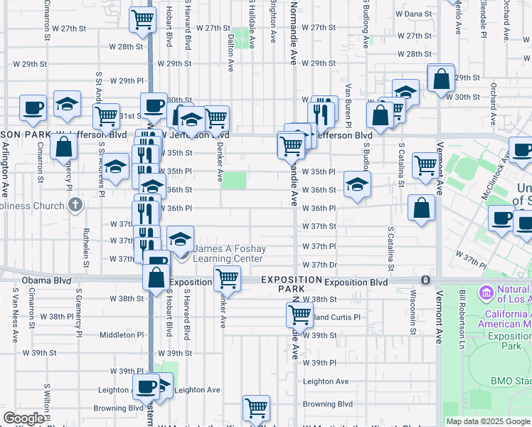 map of restaurants, bars, coffee shops, grocery stores, and more near 1458 West 36th Place in Los Angeles