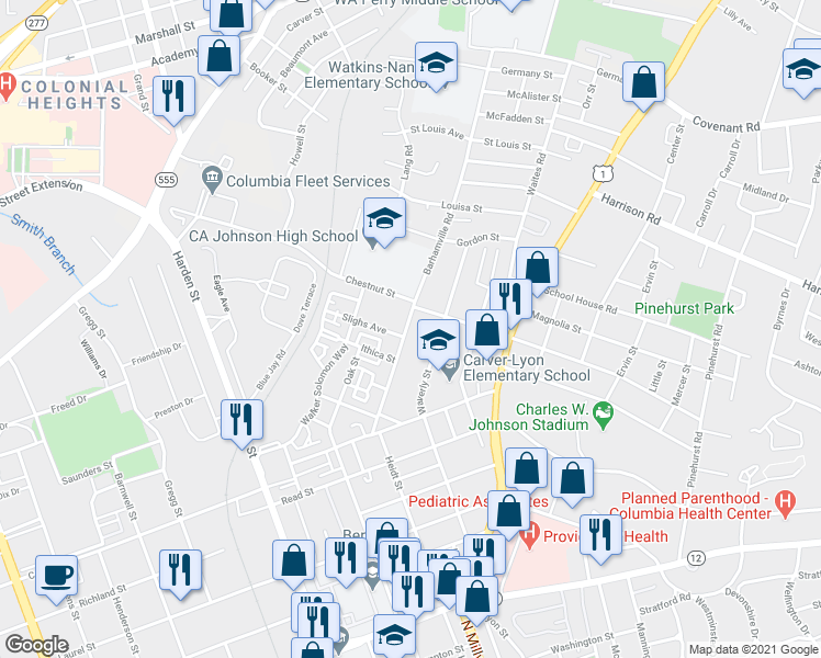 map of restaurants, bars, coffee shops, grocery stores, and more near 2150 Barhamville Road in Columbia