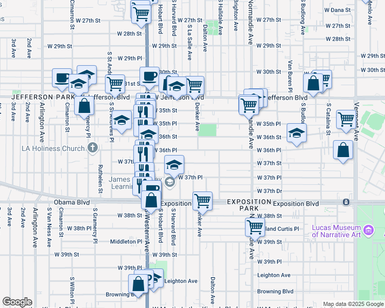 map of restaurants, bars, coffee shops, grocery stores, and more near 1568 West 36th Place in Los Angeles