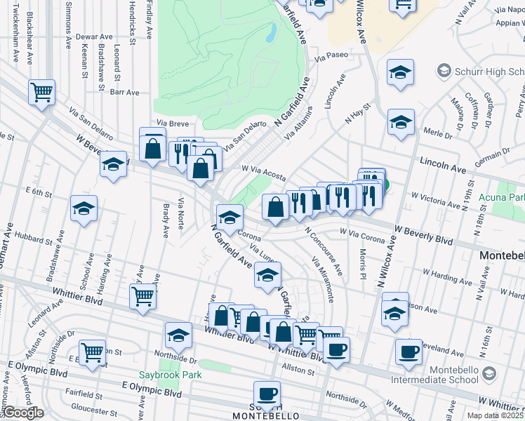 map of restaurants, bars, coffee shops, grocery stores, and more near 2617 Plaza Libre South in Montebello