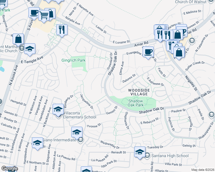 map of restaurants, bars, coffee shops, grocery stores, and more near 2026 Thomas Place in West Covina