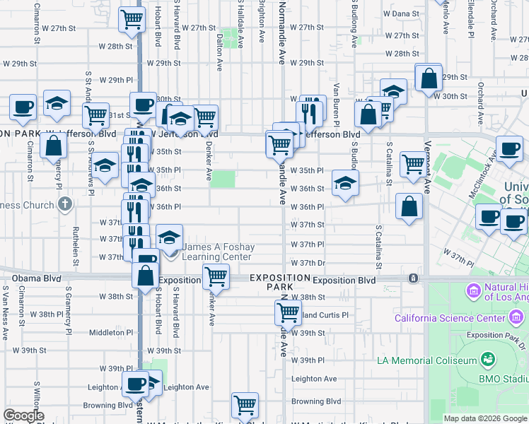 map of restaurants, bars, coffee shops, grocery stores, and more near 1458 West 36th Place in Los Angeles