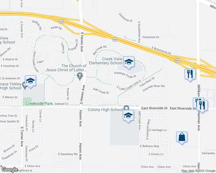 map of restaurants, bars, coffee shops, grocery stores, and more near 3719 Oak Creek Drive in Ontario