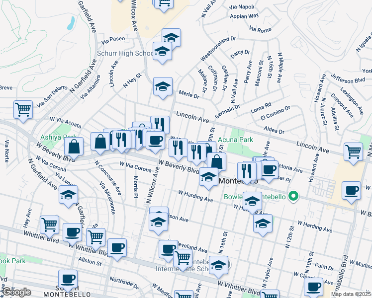 map of restaurants, bars, coffee shops, grocery stores, and more near 524 North 21st Street in Montebello