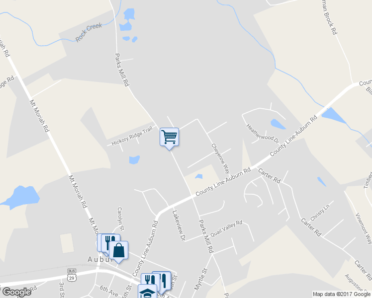 map of restaurants, bars, coffee shops, grocery stores, and more near 193 Parks Mill Road in Auburn