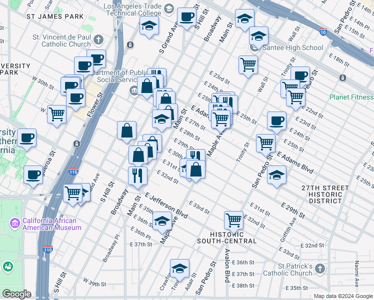 map of restaurants, bars, coffee shops, grocery stores, and more near 212 East 29th Street in Los Angeles