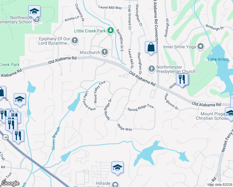map of restaurants, bars, coffee shops, grocery stores, and more near 445 Spring Ridge Drive in Roswell