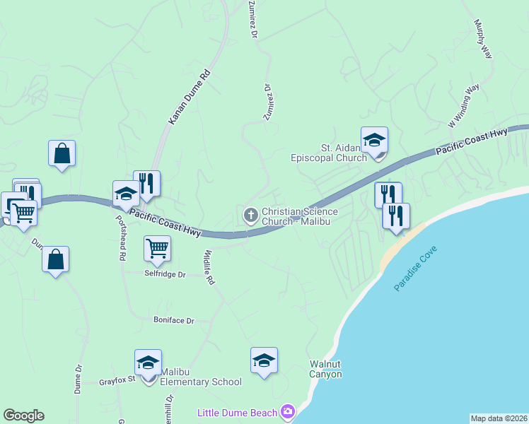 map of restaurants, bars, coffee shops, grocery stores, and more near 6477 Zuma View Place in Malibu
