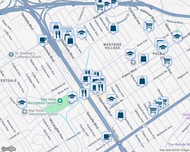 map of restaurants, bars, coffee shops, grocery stores, and more near 3401 South Bentley Avenue in Los Angeles